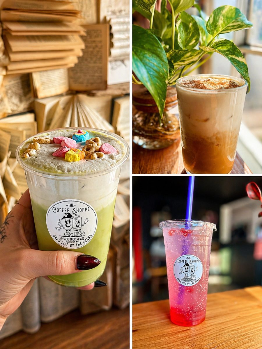 Assorted drinks including iced coffee