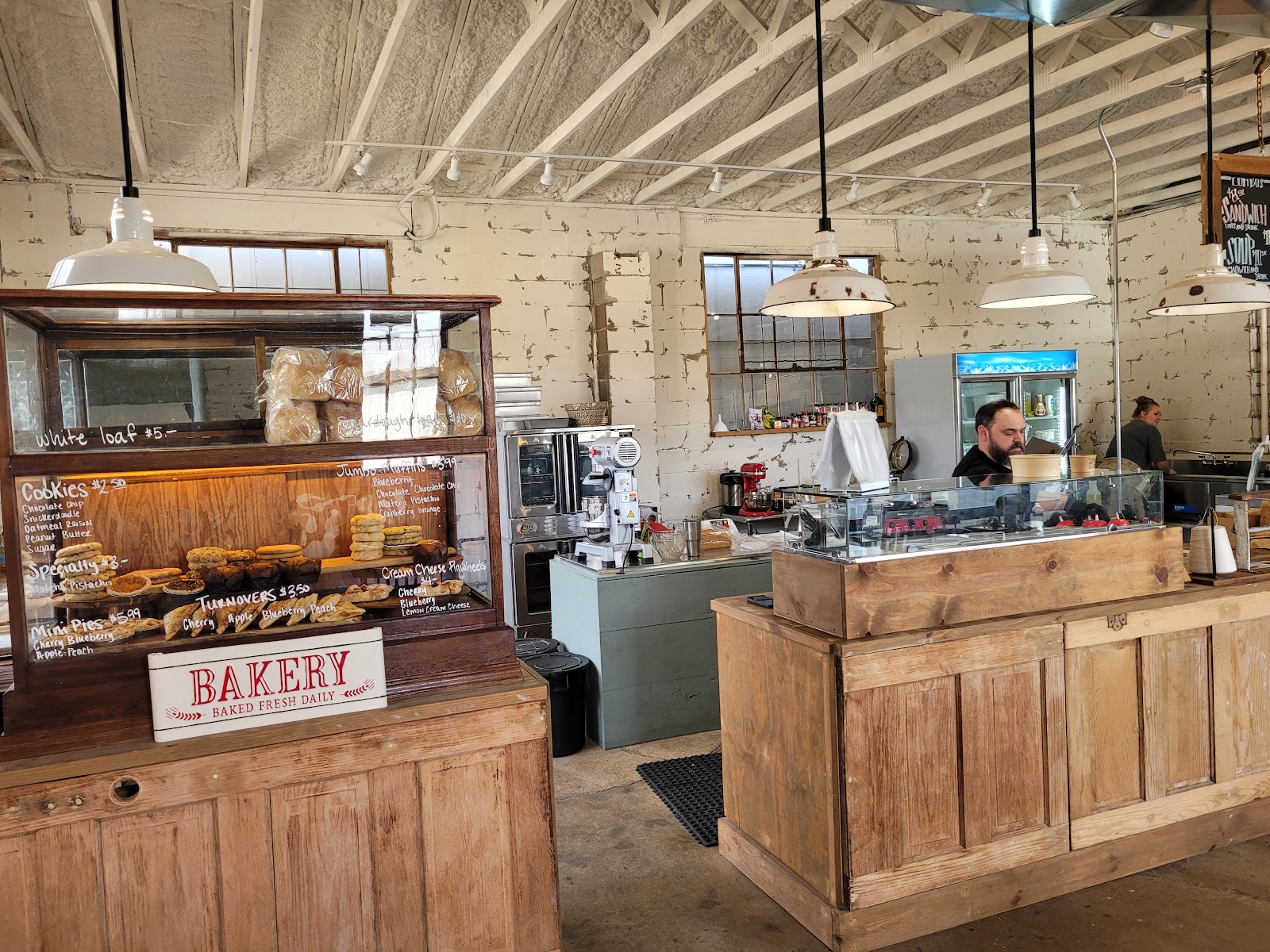 Bakery display with pastries and bread